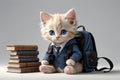 kitten schoolboy with backpack and textbooks Royalty Free Stock Photo