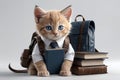 kitten schoolboy with backpack and textbooks Royalty Free Stock Photo