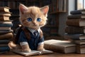 kitten schoolboy with backpack and textbooks Royalty Free Stock Photo