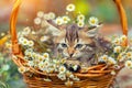 Kitten sitting in a basket with flowers Royalty Free Stock Photo