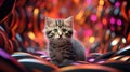 A kitten is sitting in a circle of colorful lights, AI Royalty Free Stock Photo