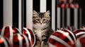 A kitten is sitting in front of a bunch of red and white christmas balls, AI Royalty Free Stock Photo