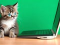 Kitten sitting in front of a laptop with green background.