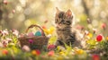 A kitten sitting in the grass next to a basket of eggs, AI Royalty Free Stock Photo