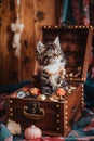 A kitten sitting inside of a wooden suitcase. Generative AI image.