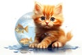 A kitten sitting next to a fish bowl. Royalty Free Stock Photo