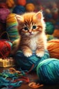Kitten Sitting on a Pile of Yarn with an Innocent Look
