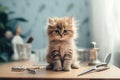 A kitten sitting on top of a table next to a pair of scissors. Generative AI image.
