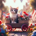 A kitten sitting in a wagon filled with flowers. Generative AI image.