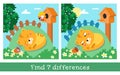 Kitten sleeps in yard. Character in cartoon style on summer. Find 7 differences. Game for children. Vector color