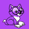 Kitten smart glasses small reads a book purple postcard cartoon illustration