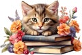 Kitten with stack of books. Ai-Generated.