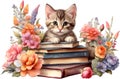 Kitten with stack of books. Ai-Generated. Royalty Free Stock Photo