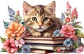 Kitten with stack of books. Ai-Generated. Royalty Free Stock Photo