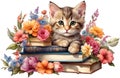 Kitten with stack of books. Ai-Generated. Royalty Free Stock Photo