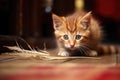 kitten stalking a feather on the floor, ready to pounce