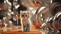 A kitten is standing in front of a bunch of metal balls, AI