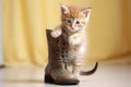 kitten standing on hind legs, hugging boot