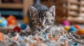 A kitten is standing on a rug with colorful balls Royalty Free Stock Photo