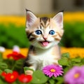 Kitten standing smiling against flower garden in outdoor,generated illustration with AI