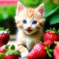 Kitten and strawberry garden,generated illustration with AI