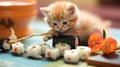 Kitten and sushi on the table in the restaurant.