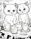 Kitten Tea Party Coloring Book Page