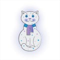 Kitten toy smiling on a white background. Cat in a scarf with stars. Sticker or emblem for children`s clothing.