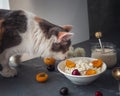 The cat is trying a morning lunch with cottage cheese, sour cream in a glass jar and fresh berries of sweet cherry and Royalty Free Stock Photo