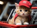 Kitten in trolley with red shop cap