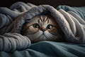 Kitten under a blanket. The cat is resting warm under the plaid. Royalty Free Stock Photo