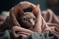 Kitten under a blanket. The cat is resting warm under the plaid. Royalty Free Stock Photo