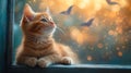 Kitten watching bats, sunset window, bokeh, pet card Royalty Free Stock Photo