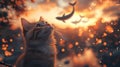 Kitten watching sunset, fish, bokeh, magical, lake Royalty Free Stock Photo
