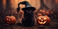 Kitten in a witch\'s hat in the autumn forest. Place for text. Generative AI