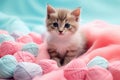 Kitten among yarn balls, cute, colorful background. Royalty Free Stock Photo