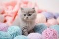 Kitten among yarn balls, cute, colorful background. Royalty Free Stock Photo