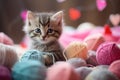 Kitten among yarn balls, cute, colorful background. Royalty Free Stock Photo