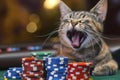 kitten yawning beside an allin bet with colorful chips Royalty Free Stock Photo