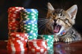 kitten yawning beside an allin bet with colorful chips Royalty Free Stock Photo