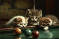 Kittens cats playing billiard Illustration generative ai