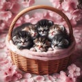 Kittens cute in basket flowers