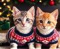 2 kittens in festive sweaters on a Christmas background. Generative AI