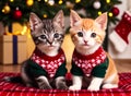 2 kittens in festive sweaters on a Christmas background. Generative AI