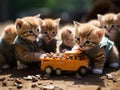 Kittens playing as builder cats on construction site