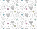 Seamless pattern with white and gray kittens and multicolored yarn balls. Royalty Free Stock Photo