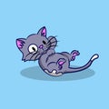 Cute cartoon style cat playing. Flat vector illustration. Gray cat is laying on the floor.