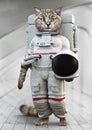 Kitty astronaut themed background.Concept portrait of a cute cat dressed up in an astronaut uniform holding helmet.