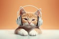 A kitty in big headphones listens and enjoys music