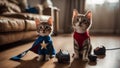 kitty and cat A comical troupe of a kitten and cat, wearing tiny superhero capes and masks, saving a living room